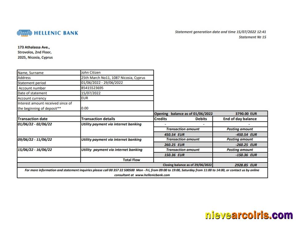 Cyprus Hellenic bank statement